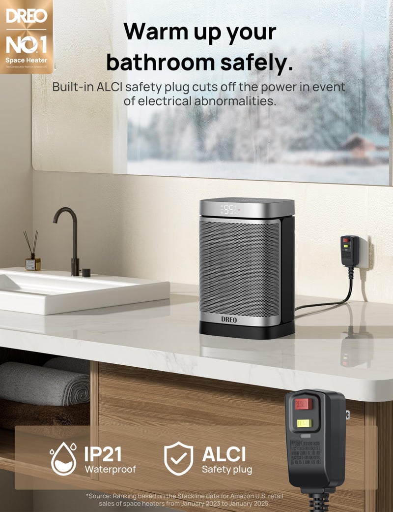 DREO Space Heater for Bathroom and Indoor, Portable Heater, 1500W Safe and Quiet PTC Ceramic Heater, 41-95Â°F Digital Thermostat, 70Â°Oscillating, Remote, ALCI Safety Plug, 12h Timer, 5 Modes - Image 2