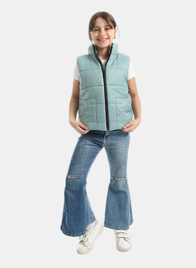 Andora High Collar With Zipper Closure Cut Sleeves Vest _ Mint Green - Image 5