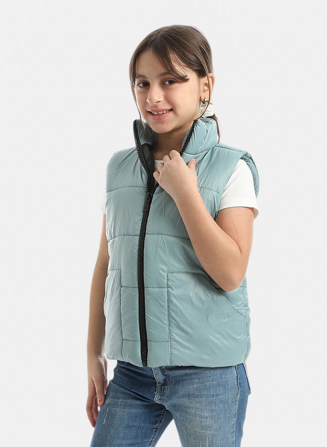 Andora High Collar With Zipper Closure Cut Sleeves Vest _ Mint Green - Image 2