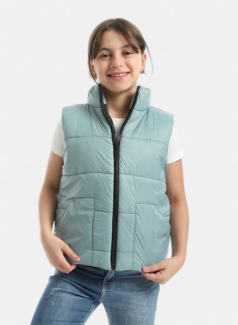 High Collar With Zipper Closure Cut Sleeves Vest _ Mint Green