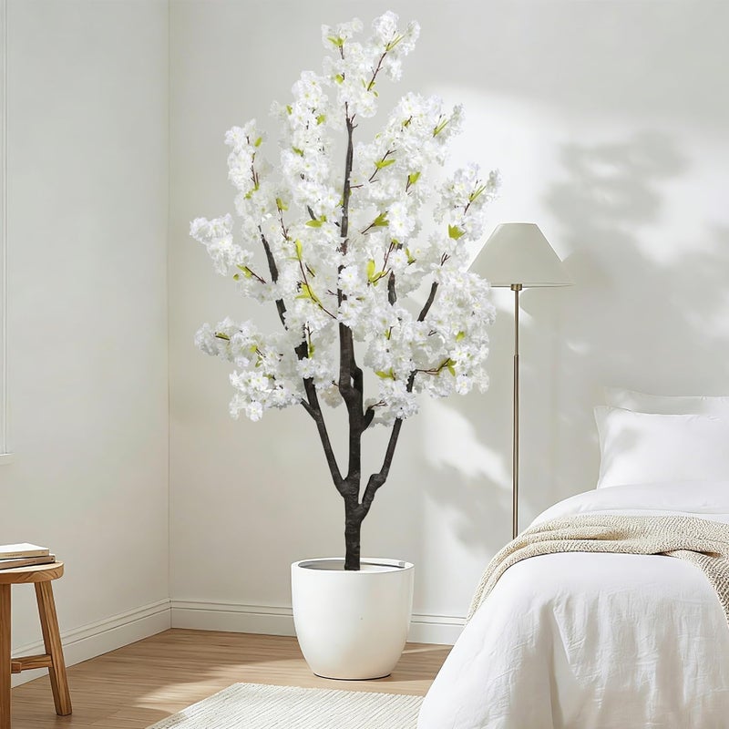 DRACIT Faux White Cherry Blossom 6ft(72in) Artificial Floor Green Plant for Indoor Decor Natural Potted Tree with Texture Flowers Realistic Wood Trunk for Home Living Room,Office Perfect Housewarming Gift - Image 3