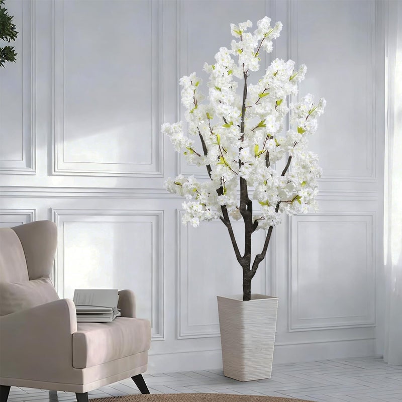 DRACIT Faux White Cherry Blossom 6ft(72in) Artificial Floor Green Plant for Indoor Decor Natural Potted Tree with Texture Flowers Realistic Wood Trunk for Home Living Room,Office Perfect Housewarming Gift - Image 2