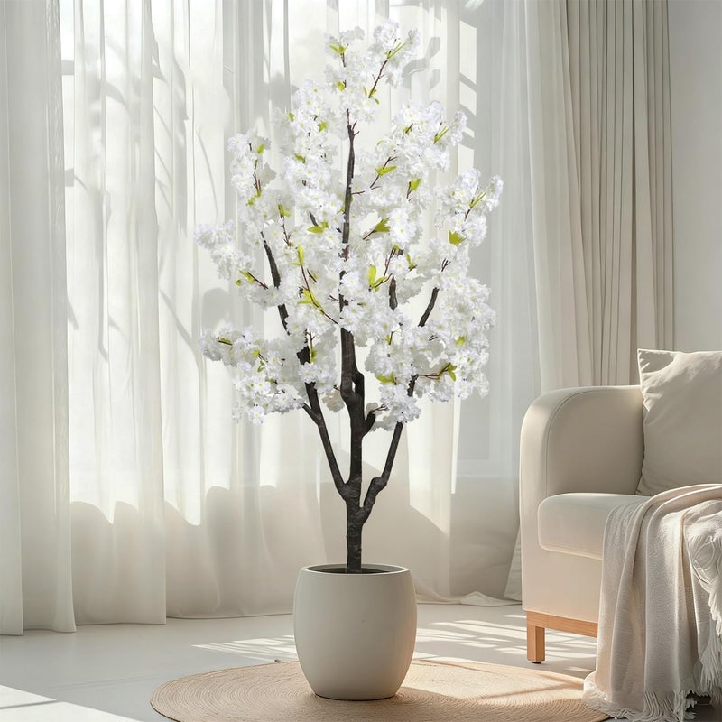 DRACIT Faux White Cherry Blossom 6ft(72in) Artificial Floor Green Plant for Indoor Decor Natural Potted Tree with Texture Flowers Realistic Wood Trunk for Home Living Room,Office Perfect Housewarming Gift - Image 1