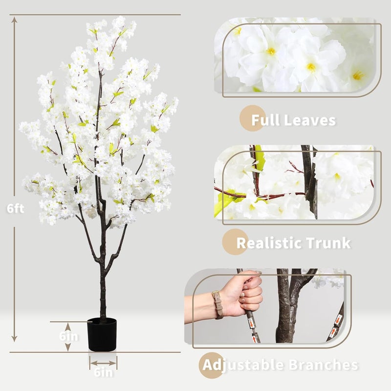 DRACIT Faux White Cherry Blossom 6ft(72in) Artificial Floor Green Plant for Indoor Decor Natural Potted Tree with Texture Flowers Realistic Wood Trunk for Home Living Room,Office Perfect Housewarming Gift - Image 5