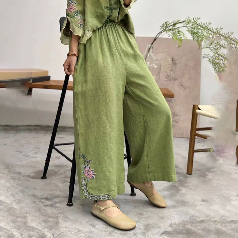 Summer Thin Women'S Pants Cotton And Linen Nine-Point Wide-Leg Pants Women'S Embroidered Literary Retro Embroidered Ethnic Loose Casual Pants - Image 2