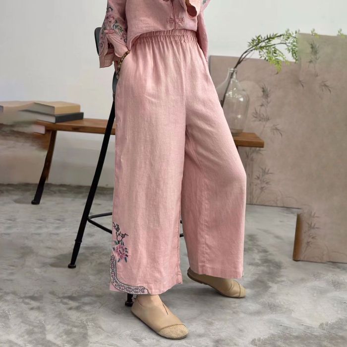 Summer Thin Women'S Pants Cotton And Linen Nine-Point Wide-Leg Pants Women'S Embroidered Literary Retro Embroidered Ethnic Loose Casual Pants - Image 5