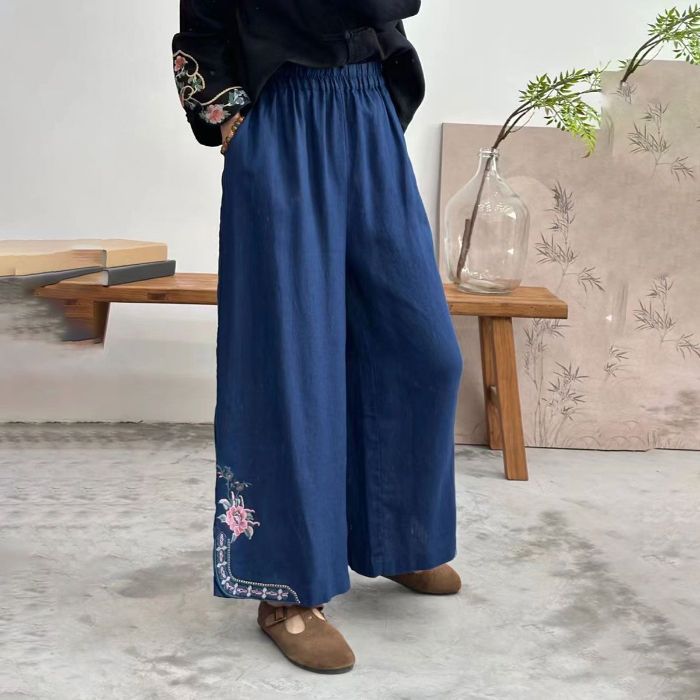 Summer Thin Women'S Pants Cotton And Linen Nine-Point Wide-Leg Pants Women'S Embroidered Literary Retro Embroidered Ethnic Loose Casual Pants - Image 4