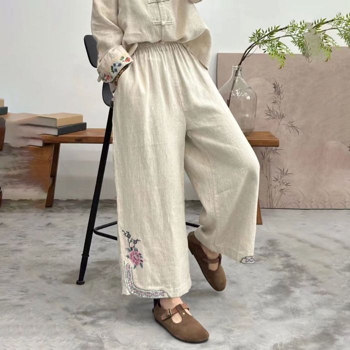 Summer Thin Women'S Pants Cotton And Linen Nine-Point Wide-Leg Pants Women'S Embroidered Literary Retro Embroidered Ethnic Loose Casual Pants - Image 3