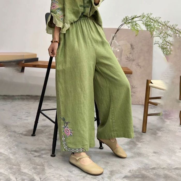 Summer Thin Women'S Pants Cotton And Linen Nine-Point Wide-Leg Pants Women'S Embroidered Literary Retro Embroidered Ethnic Loose Casual Pants - Image 1
