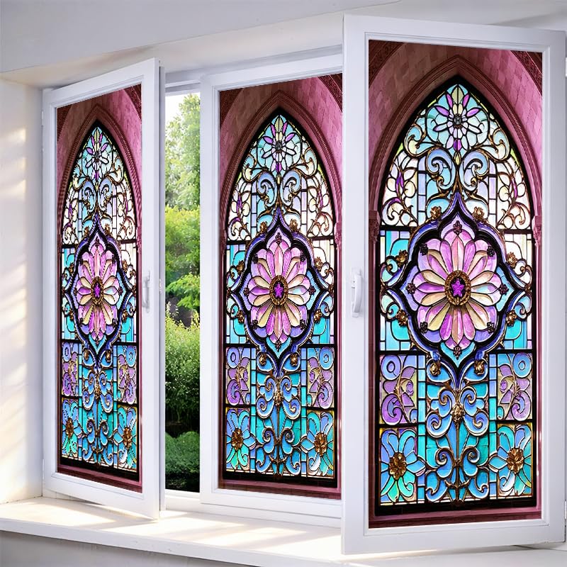 IVN Floral Stained Glass Window Film 17.7x39.3 Inch Privacy Static Cling Decal for Home and Office Sun Blocking Decor for Windows and Glass Partitions - Image 1