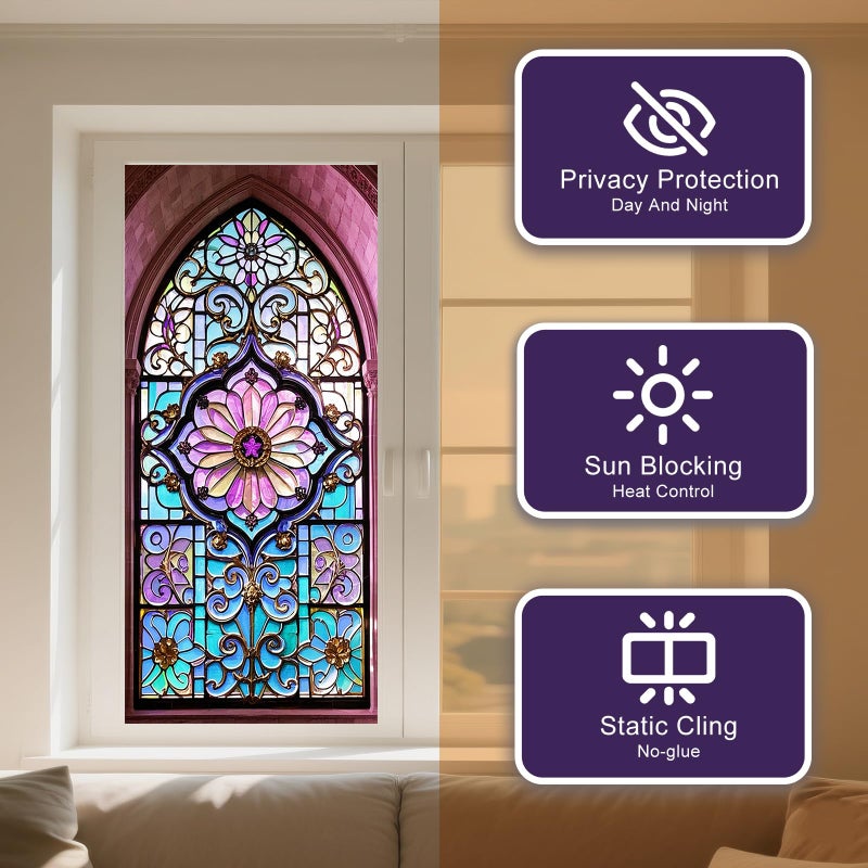 IVN Floral Stained Glass Window Film 17.7x39.3 Inch Privacy Static Cling Decal for Home and Office Sun Blocking Decor for Windows and Glass Partitions - Image 2
