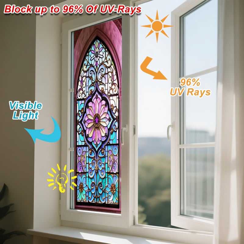IVN Floral Stained Glass Window Film 17.7x39.3 Inch Privacy Static Cling Decal for Home and Office Sun Blocking Decor for Windows and Glass Partitions - Image 4