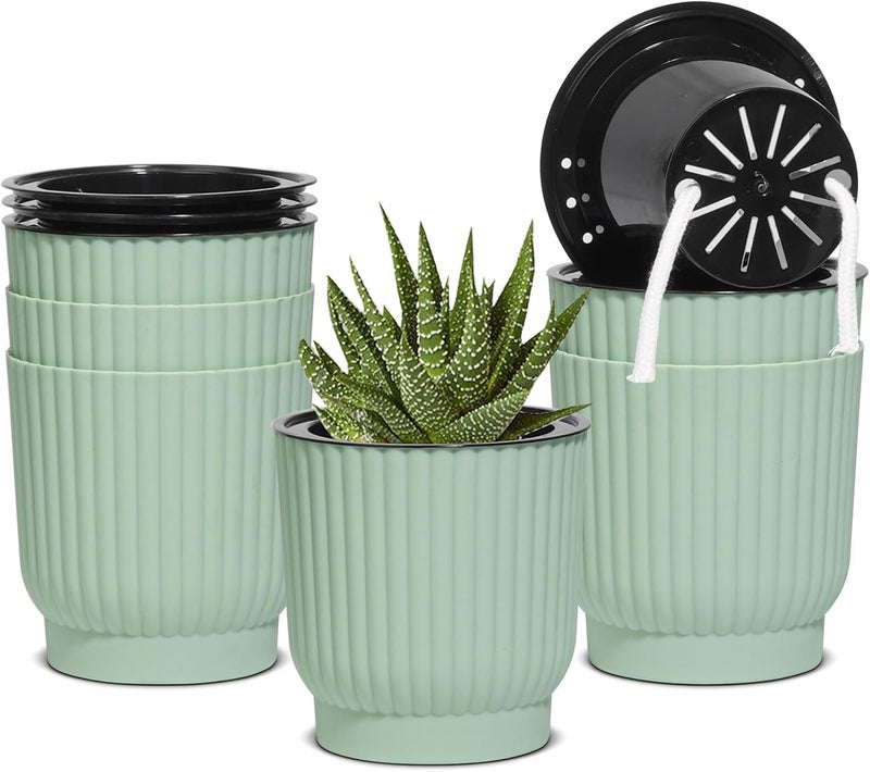 T4U 4 Inch Plant Pots Self Watering, 6 Pack African Violet Pots, Small Plant Pots for Plants, Small Indoor Plant Pot, Self Watering Planter for African Violet, Succulents (6 Pack 4" Pots, Green) - Image 1