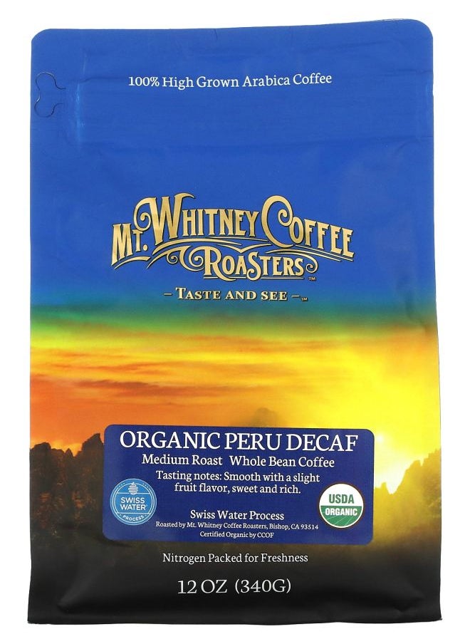 MT. WHITNEY COFFEE ROASTERS Organic Peru Decaf Medium Roast Whole Bean 12 oz (340 g) 