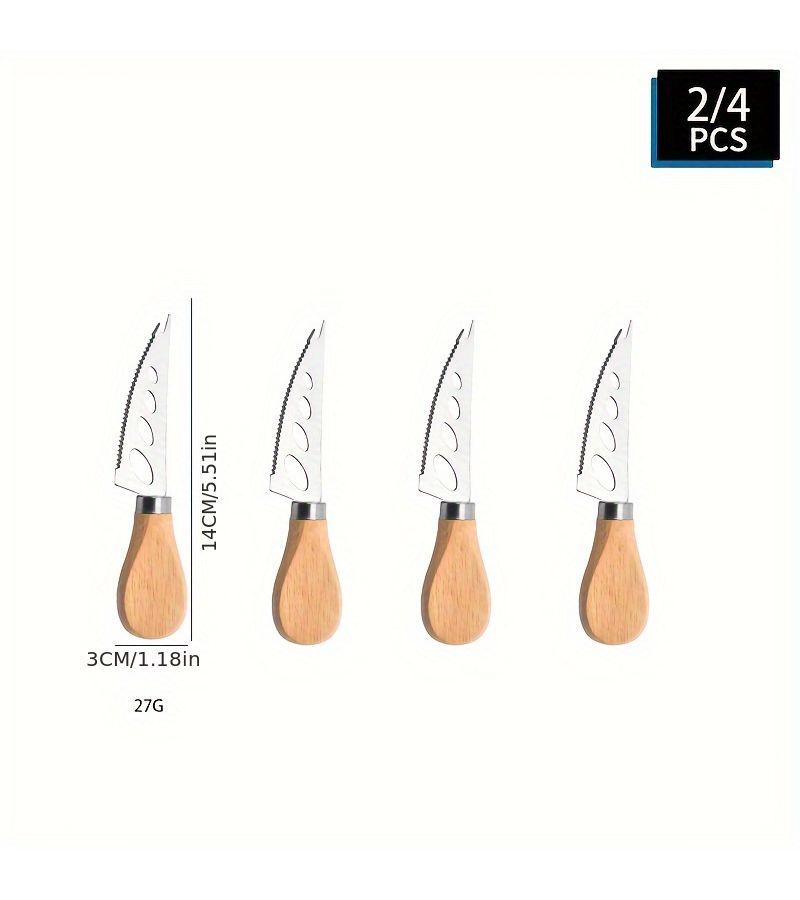 4pcs Stainless Steel Sharp Hole Fork Knife Set With Wooden Handle Cheese Baking Tools - Image 3