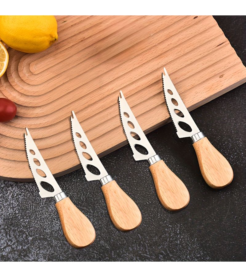 4pcs Stainless Steel Sharp Hole Fork Knife Set With Wooden Handle Cheese Baking Tools - Image 2
