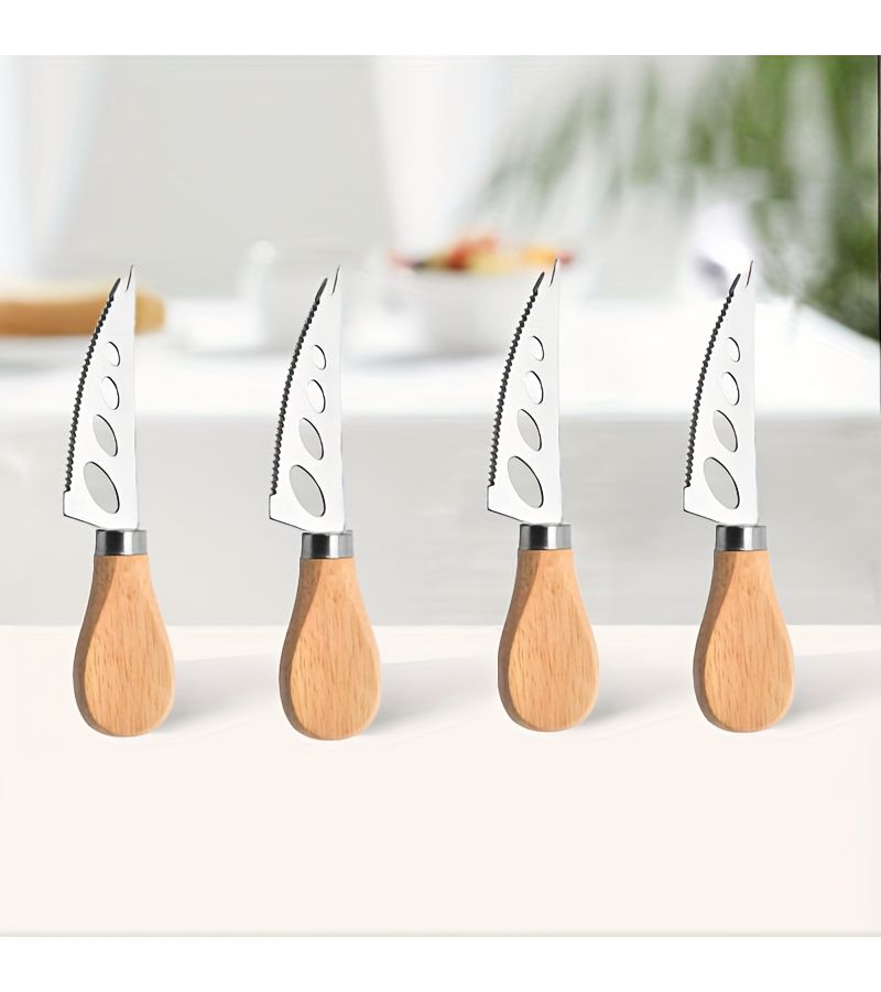 4pcs Stainless Steel Sharp Hole Fork Knife Set With Wooden Handle Cheese Baking Tools - Image 4