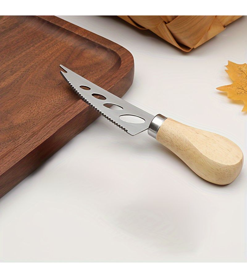 4pcs Stainless Steel Sharp Hole Fork Knife Set With Wooden Handle Cheese Baking Tools - Image 5