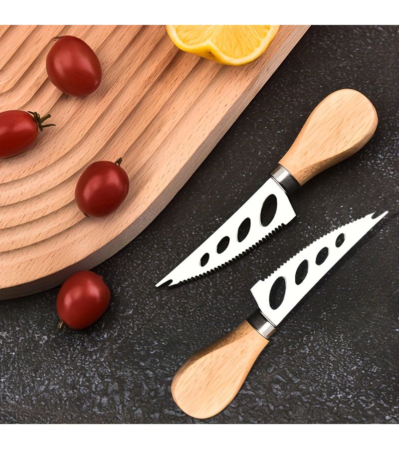 4pcs Stainless Steel Sharp Hole Fork Knife Set With Wooden Handle Cheese Baking Tools - Image 1