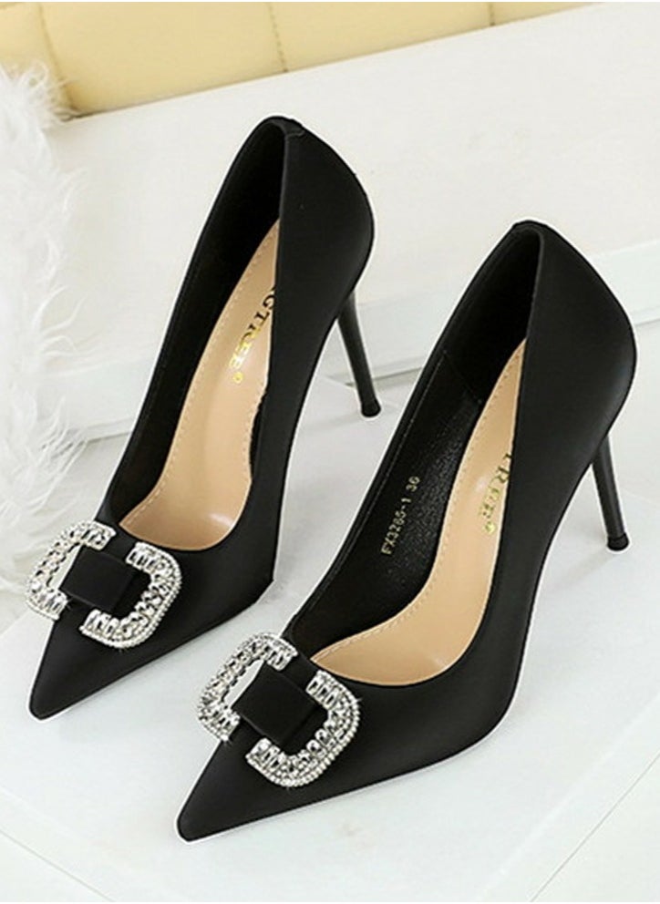 BIGTREE Women's Satin Closed Pointed Toe Stiletto Pump Rhinestone Square Buckle Decoration High Heels Black 10 CM  - Image 1