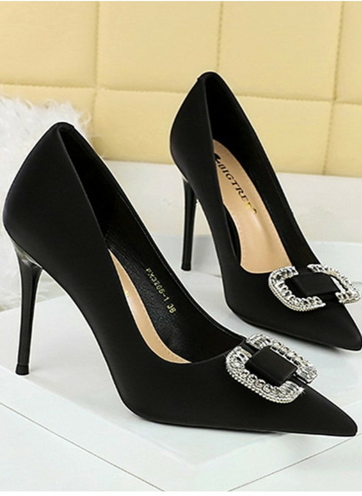 BIGTREE Women's Satin Closed Pointed Toe Stiletto Pump Rhinestone Square Buckle Decoration High Heels Black 10 CM  - Image 2