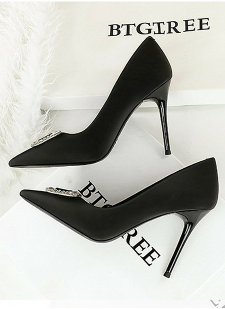 BIGTREE Women's Satin Closed Pointed Toe Stiletto Pump Rhinestone Square Buckle Decoration High Heels Black 10 CM  - Image 3