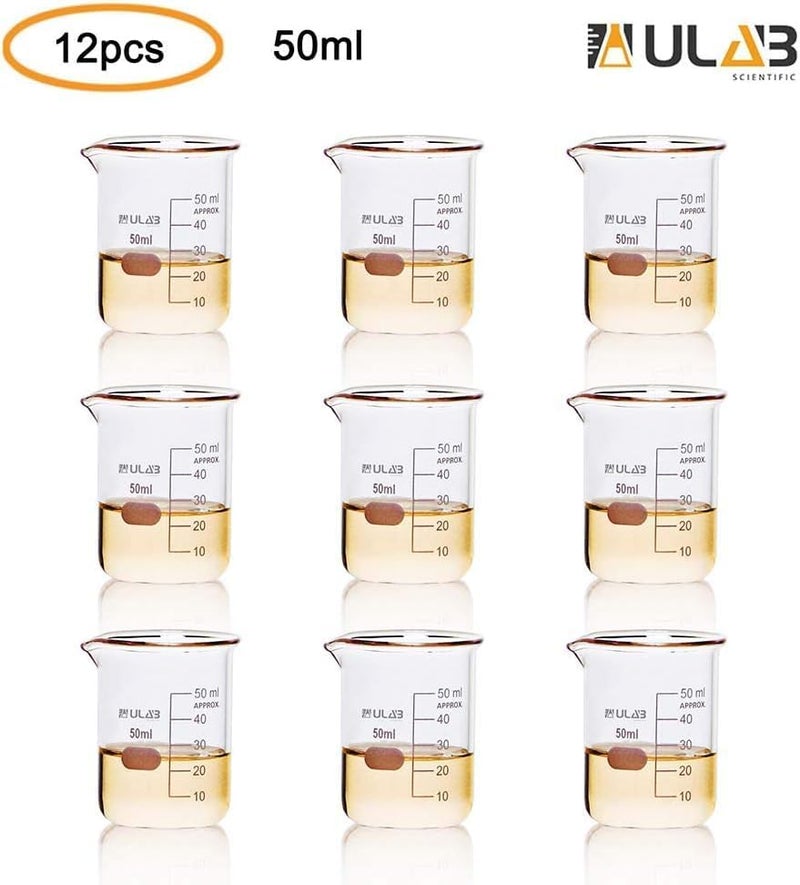 ULAB Scientific Glass Beakers Shot Glass, Vol. 50ml, 3.3 Borosilicate Griffin Low Form with Printed Graduation, Pack of 12, UBG1013 - Image 3