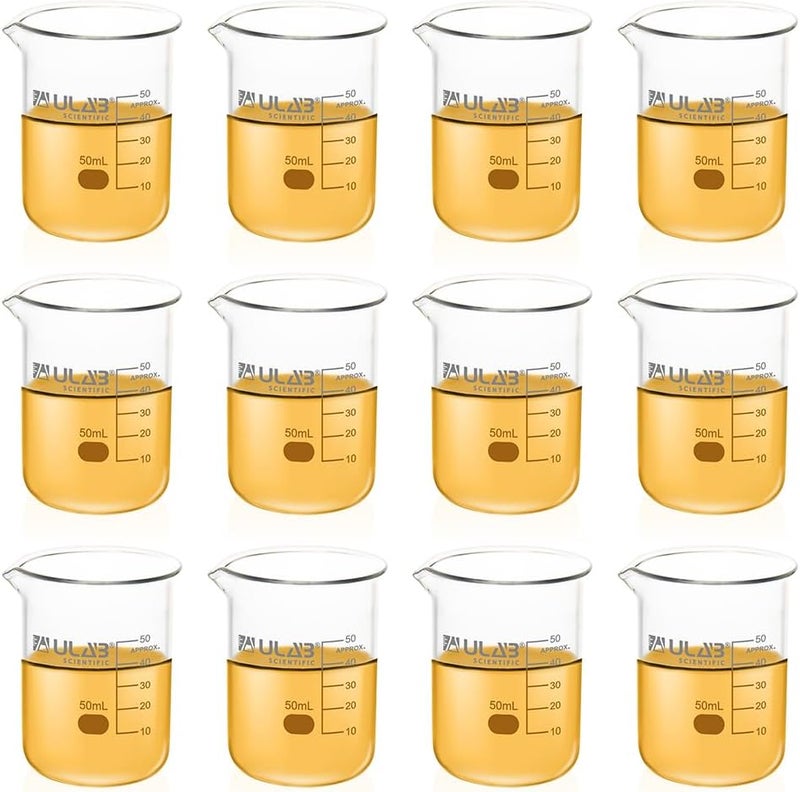ULAB Scientific Glass Beakers Shot Glass, Vol. 50ml, 3.3 Borosilicate Griffin Low Form with Printed Graduation, Pack of 12, UBG1013 - Image 1
