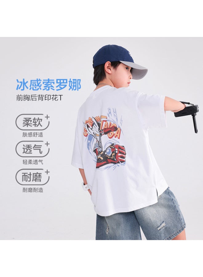 Boys' Summer White Short-sleeved T-shirt  New Style Kidsren's Clothing Boys' Loose And Cool Half-sleeved Tops For Middle And Large Kidsren