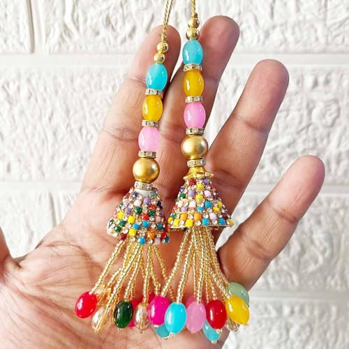 Adikala Craft Store Ethnic Multicolor Glass Beads Latkan Tassel Pack of 2 for Saree Pallu, Blouse, Suits, Dupatta, Lehenga Decor (Multi D3) - Image 1