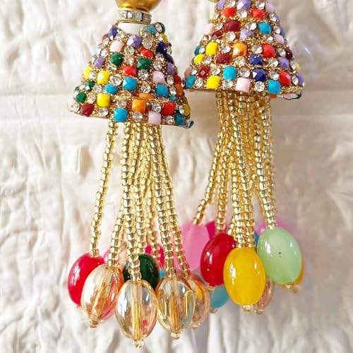 Adikala Craft Store Ethnic Multicolor Glass Beads Latkan Tassel Pack of 2 for Saree Pallu, Blouse, Suits, Dupatta, Lehenga Decor (Multi D3) - Image 5