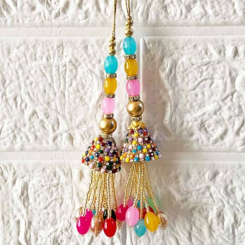 Adikala Craft Store Ethnic Multicolor Glass Beads Latkan Tassel Pack of 2 for Saree Pallu, Blouse, Suits, Dupatta, Lehenga Decor (Multi D3) - Image 4