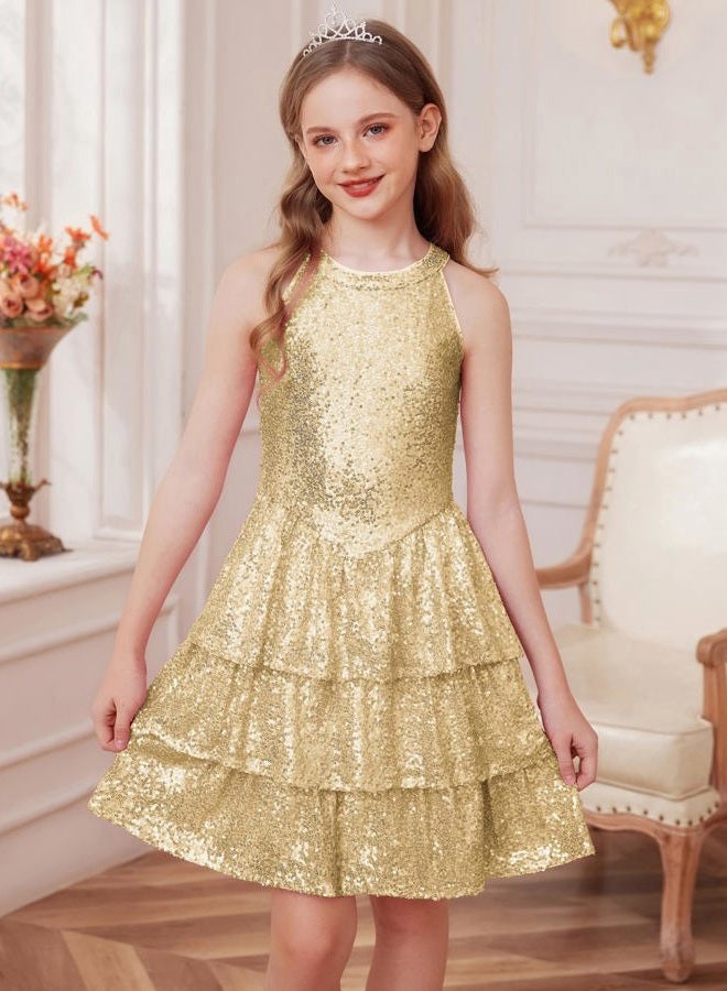 GRACE KARIN Girls Sequin Party Dress Kids Sparkly Formal Birthday Teen Special Occasion Fancy Pageant Dresses Size 6-14, Gold, 7-8 Years - Image 2