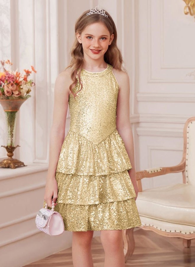 GRACE KARIN Girls Sequin Party Dress Kids Sparkly Formal Birthday Teen Special Occasion Fancy Pageant Dresses Size 6-14, Gold, 7-8 Years - Image 3