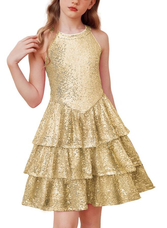 GRACE KARIN Girls Sequin Party Dress Kids Sparkly Formal Birthday Teen Special Occasion Fancy Pageant Dresses Size 6-14, Gold, 7-8 Years - Image 1
