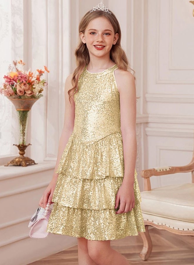 GRACE KARIN Girls Sequin Party Dress Kids Sparkly Formal Birthday Teen Special Occasion Fancy Pageant Dresses Size 6-14, Gold, 7-8 Years - Image 4