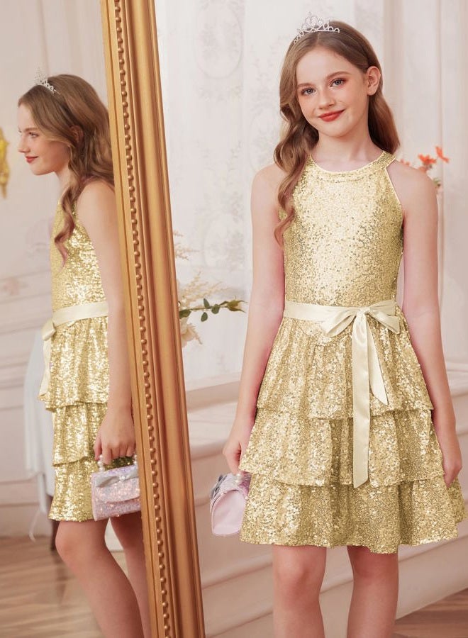 GRACE KARIN Girls Sequin Party Dress Kids Sparkly Formal Birthday Teen Special Occasion Fancy Pageant Dresses Size 6-14, Gold, 7-8 Years - Image 5