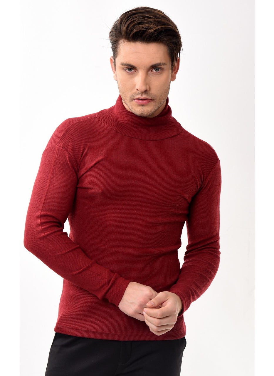 Belifanti Collection Men's Turtleneck Turtleneck Slim Fit Sweater Claret Red  - Image 3