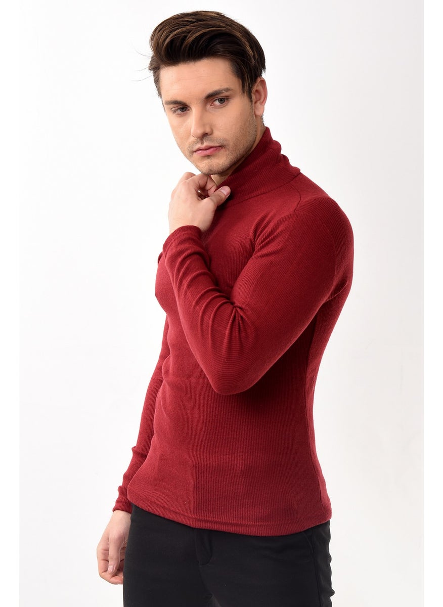 Belifanti Collection Men's Turtleneck Turtleneck Slim Fit Sweater Claret Red  - Image 2