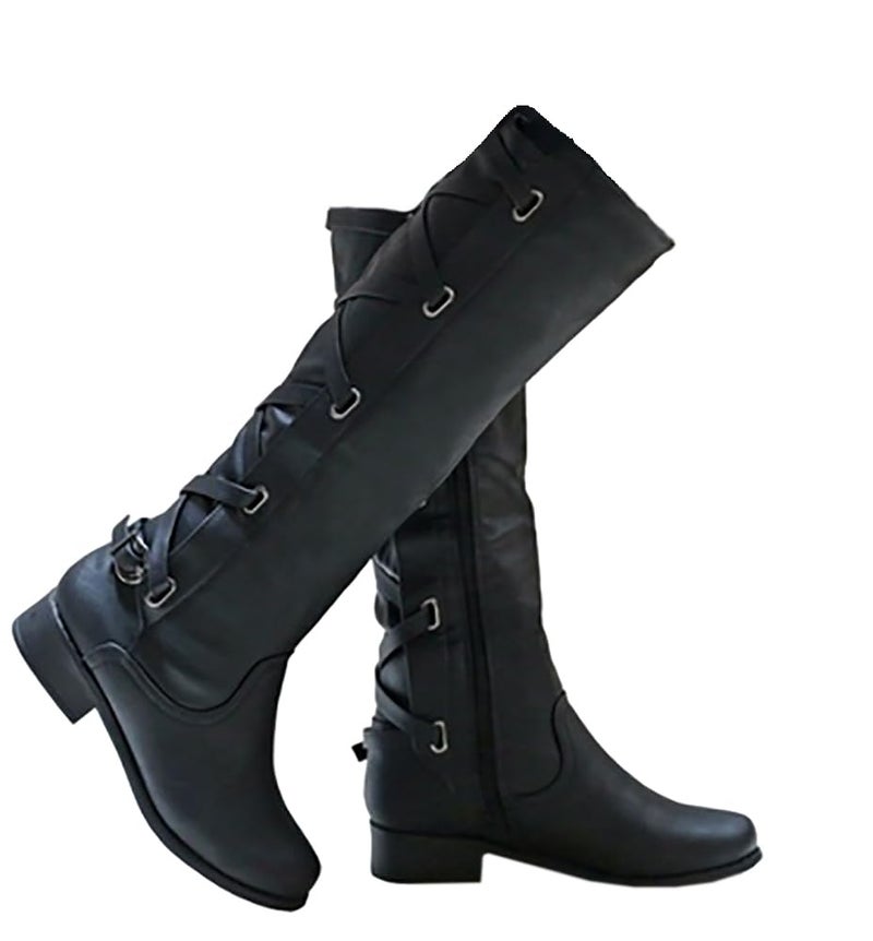 Syktkmx Womens Strappy Motorcycle Knee High Boots Winter Lace Up Riding Flat Low Heel Shoes Black Size 65 - Image 2
