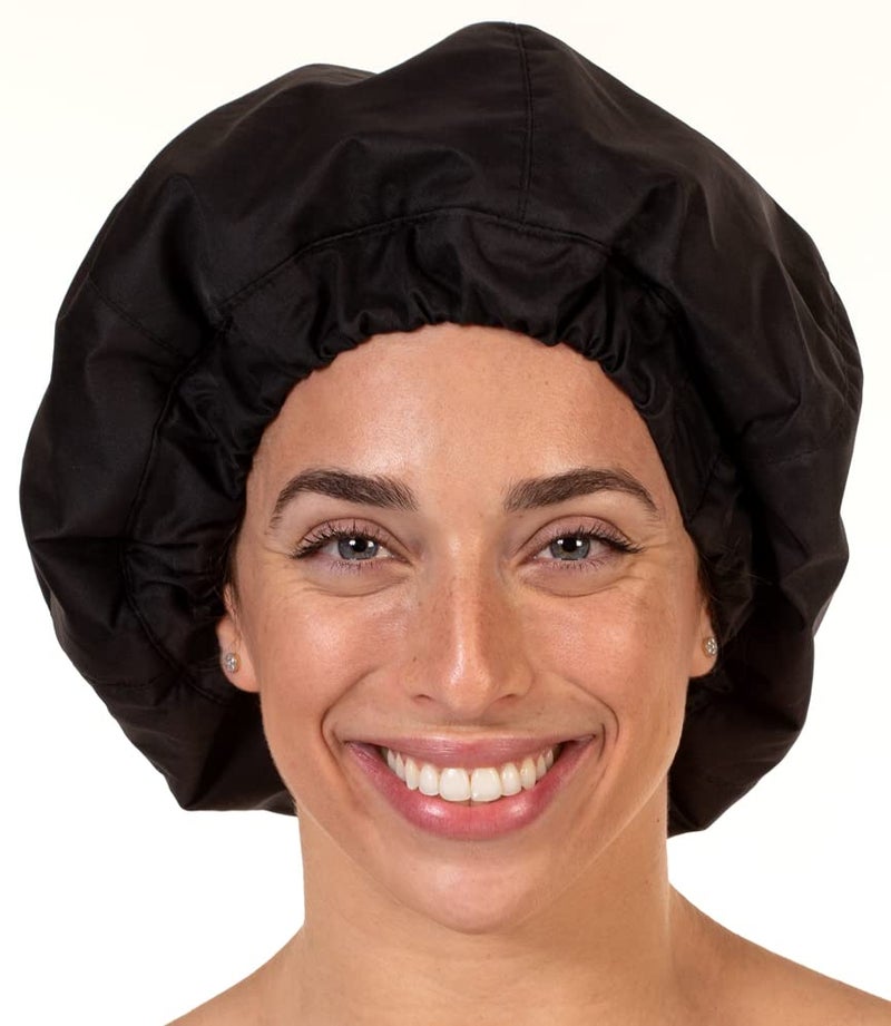 Hersome Premium Shower Cap for Women with Long Hair. Reusable, 100% Waterproof, Double-Sided, Great For Curls with Anti-Frizz Fabric terry-lined. Black shower caps for women - Image 1