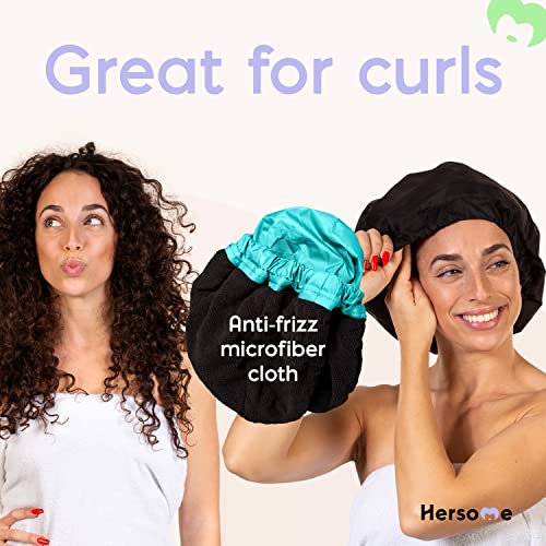 Hersome Premium Shower Cap for Women with Long Hair. Reusable, 100% Waterproof, Double-Sided, Great For Curls with Anti-Frizz Fabric terry-lined. Black shower caps for women - Image 5