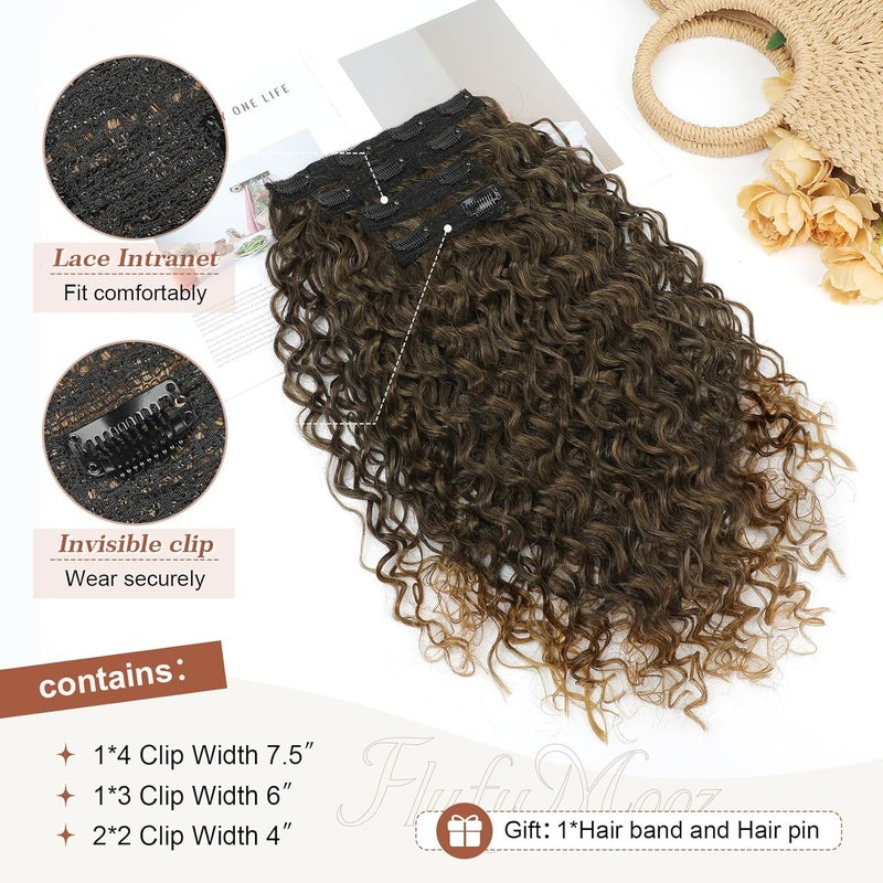 Flufymooz Clip in Hair Extensions, 4PC 100％ Pure Protein Silk Hair Extensions Long Soft Natural Hairpiece 16 Inch Curly Hair Extension for Women (Brown to Dirty Blonde) - Image 4