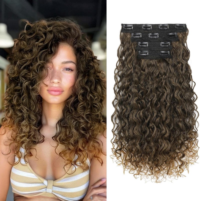 Flufymooz Clip in Hair Extensions, 4PC 100％ Pure Protein Silk Hair Extensions Long Soft Natural Hairpiece 16 Inch Curly Hair Extension for Women (Brown to Dirty Blonde) - Image 1