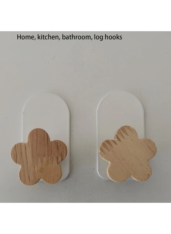 White Flower Adhesive Wall Hooks No Drill Modern Wooden Hangers Strong Hold for Bathroom Kitchen Towels Keys Bags - Image 1