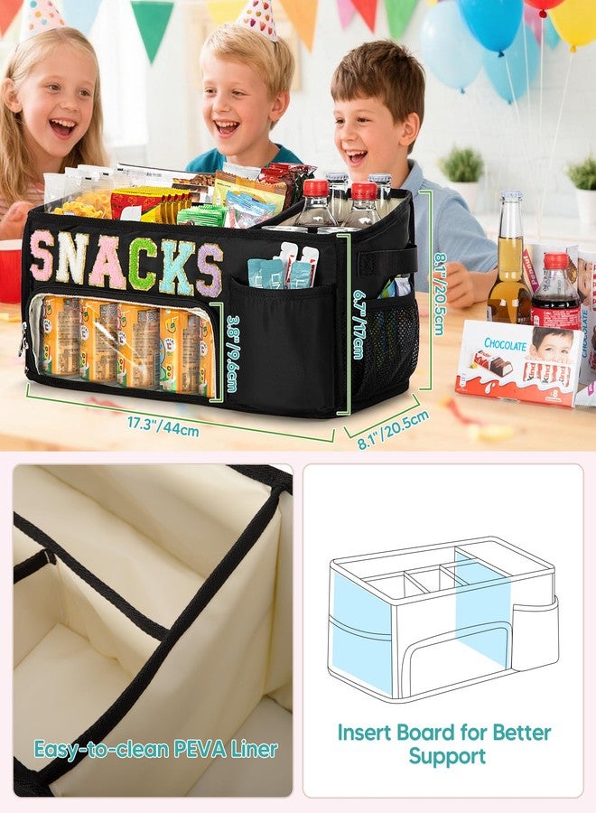 Fasrom Large Snack Organizer for Countertop, Chenille Letter Snack Basket Organizer with 6 Compartments, Pantry Storage Bin with Handles, Food Container Snack Box for Chips, Candy, and Snacks, Black - Image 4