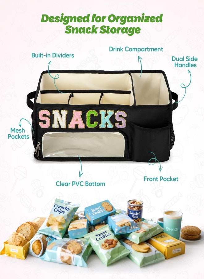 Fasrom Large Snack Organizer for Countertop, Chenille Letter Snack Basket Organizer with 6 Compartments, Pantry Storage Bin with Handles, Food Container Snack Box for Chips, Candy, and Snacks, Black - Image 2