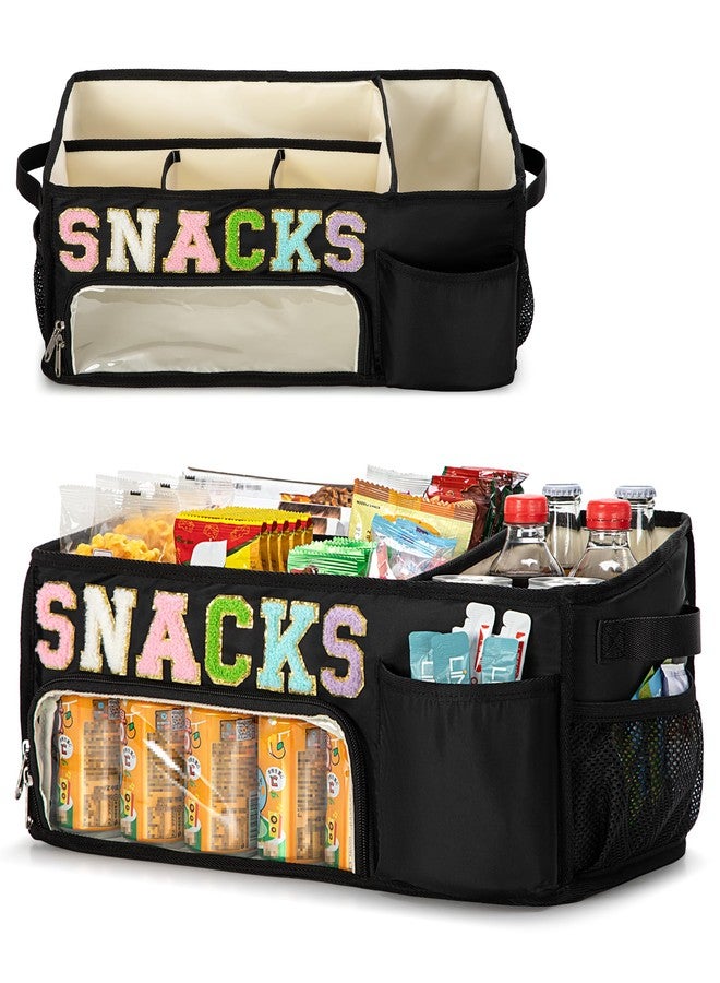 Fasrom Large Snack Organizer for Countertop, Chenille Letter Snack Basket Organizer with 6 Compartments, Pantry Storage Bin with Handles, Food Container Snack Box for Chips, Candy, and Snacks, Black - Image 1