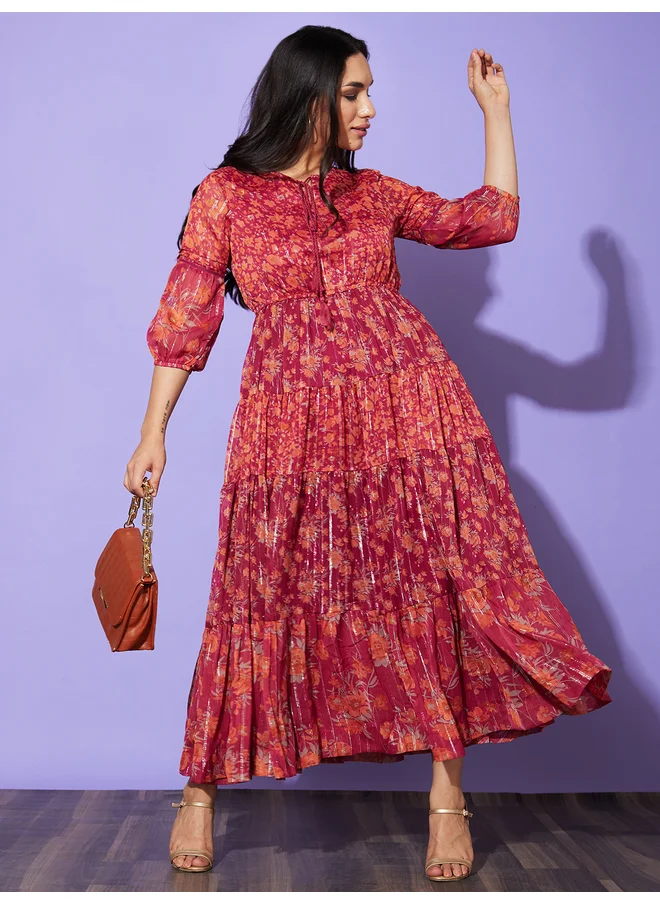 globus Globus Floral Print Round Neck A-Line Maxi Dress