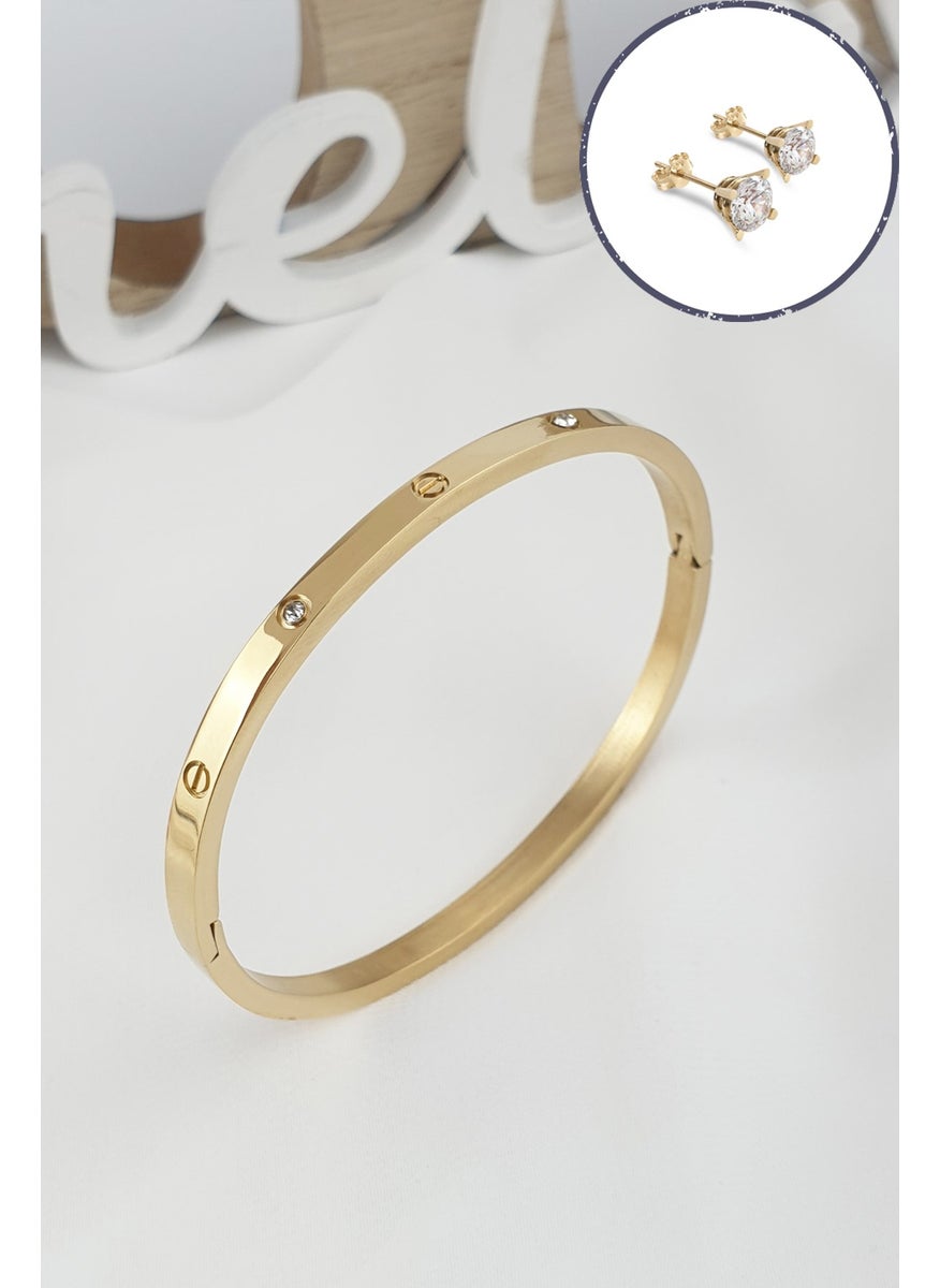 ÇLK Accessories - Çelik Kelepçe Taşlı İnce Bileklik (316 Steel) Zirkon Taşlı Küpe HediyeliB500 - Image 1